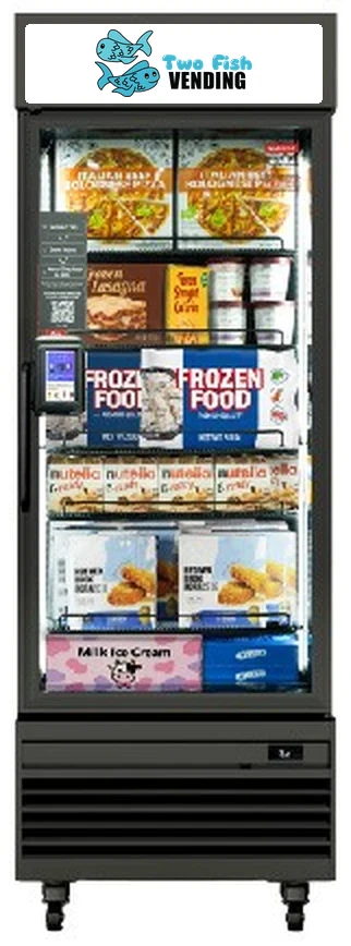 The Freezer 550 professional smart freezer, a glass-front AI Smart Cooler with the Two Fish logo on top