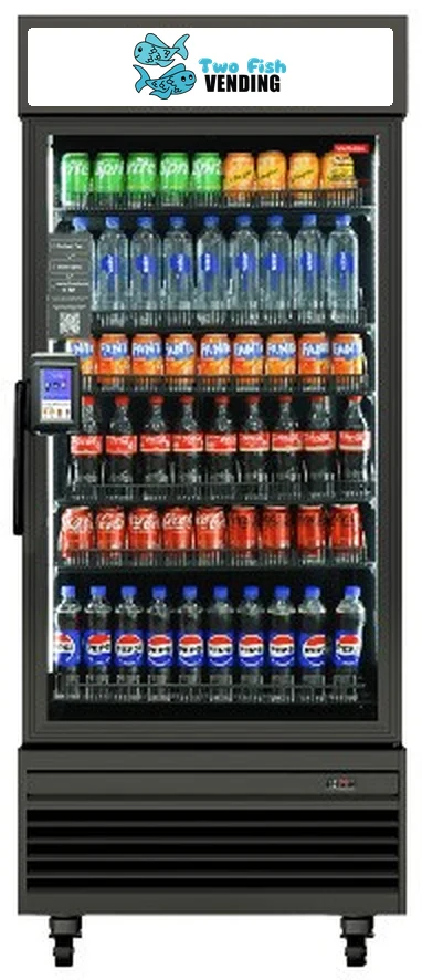The Max 660 elite smart cooler, a glass-front AI Smart Cooler with the Two Fish logo on top