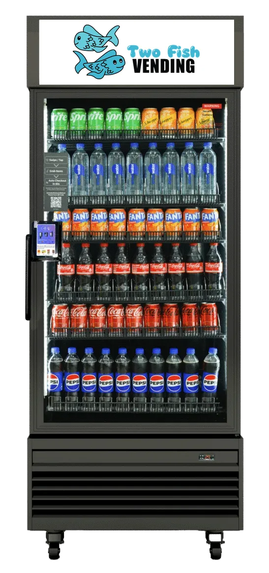 A Two Fish Vending AI Smart Cooler: a tall glass-front cooler with the Two Fish logo on top, shelves of cold drinks, and a tap-to-pay card reader on the door